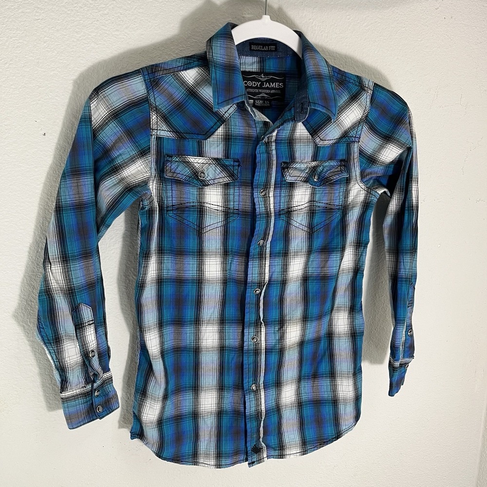 Cody James Shirt Boys Size XS Button Down Pearl Snap Blue Plaid Western Rodeo